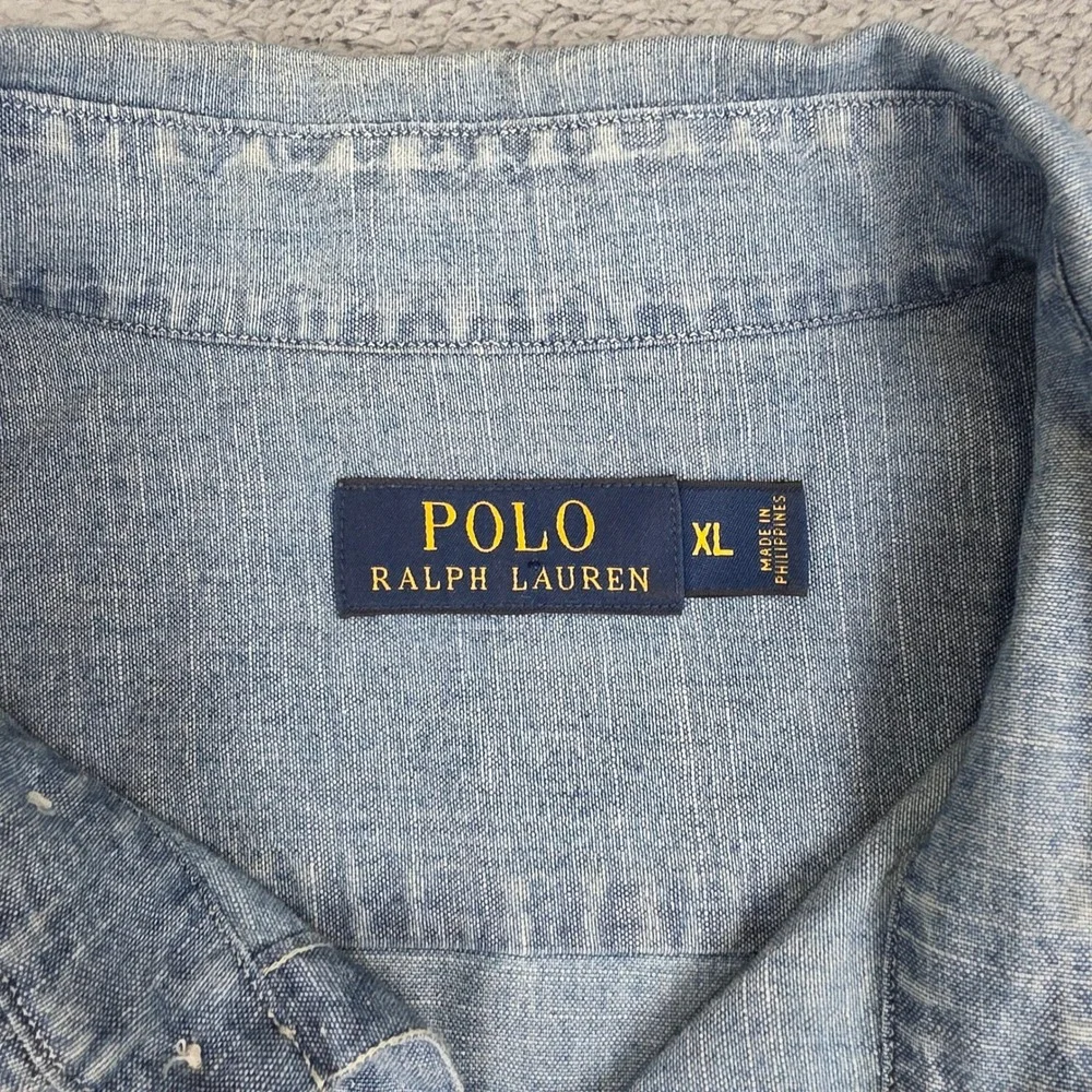 Polo Ralph Lauren Denim Shirt Mens XL Distressed Graphic Eagle Chambray *READ